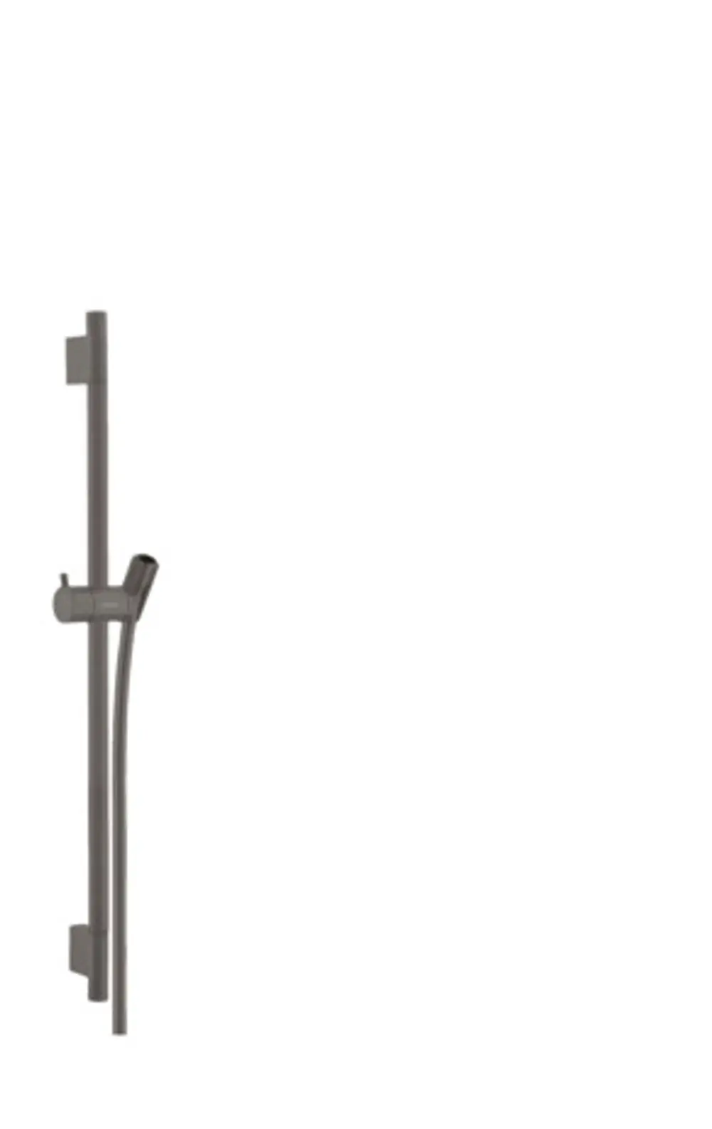 Hansgrohe Brausestange in schwarzem Chrom, vertikal montiert, mit anliegendem Brauseschlauch, minimalistisch gestaltetes Design vor hellem Hintergrund.